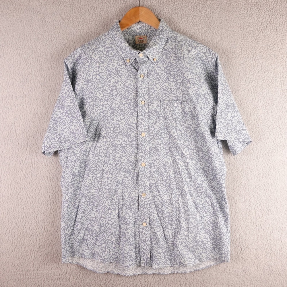 Faherty Mens Blue Floral Hemp Tencel Blend Short Sleeve Button Down Shirt XL